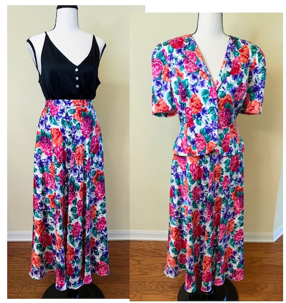 Vintage silk floral two-piece skirt set - 1980’s -