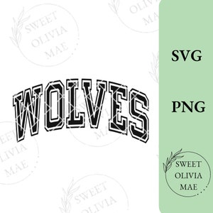 May include: Black and white graphic design featuring the word "WOLVES" in a collegiate-style font, arched across the image. The design includes SVG and PNG file options, with the Sweet Olivia Mae logo.