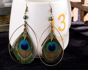 Bohemian Dangle Earring Real Peacock Feather Pendant Earring Jewelry Gift FI Bohemian Dangle Earring Real Peacock Feather Pendant Earring Jewelry Gift FI