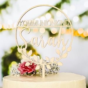 Cake topper comunione - cake topper comunione personalizzato con il nome del bambino della comunione - decorazione torta comunione con ghirlanda di foglie