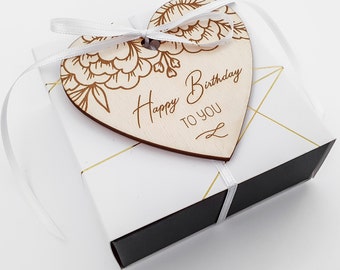 Birthday gift for him or her - Gift box with engraved wooden heart "Happy Birthday to you"