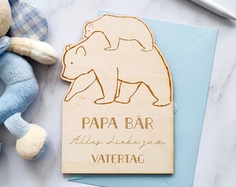 Carte en bois pour la Fête des Pères ou anniversaire - Carte en bois personnalisable à poser - Papa ours avec bébé - Cadeau pour le 1er homme fête des pères