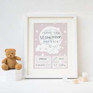 DIY Geburtsposter "Hello Baby" flieder - PDF Vorlage zum Ausdrucken - Wanddekoration fürs Kinderzimmer oder Babygeschenk mit Geburtsdaten