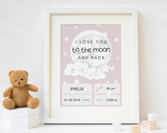 DiY Affiche de naissance « Hello Baby » lilas - Modèle PDF pour l’impression - Décoration murale pour la crèche ou cadeau bébé avec dates de naissance