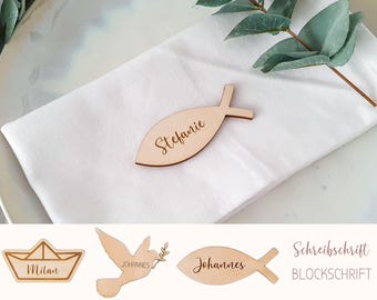 Fish-shaped name tags for baptism, communion & confirmation - Christening wooden place cards