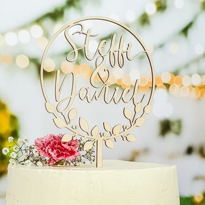 Personalized cake topper for wedding and engagement with individual names of the bridal couple