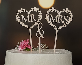 Cake Topper Hochzeit Holz - Mr Mrs Herzen - Tortenstecker Hochzeit als Hochzeitstorten Deko