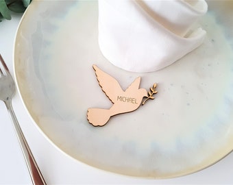 Dove-shaped name tags for baptism, communion & confirmation - Christening wooden place cards
