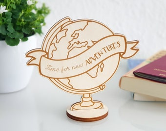 Wooden farewell card for coworker, colleagues and friends - Personalized greeting card Time for new adventures - Graduation gift card globe