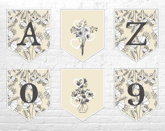 DIY banner "CELEBRATION" beige: Printable flower pennant chain - all letters & numbers - nursery wall decor, party decoration for birthdays