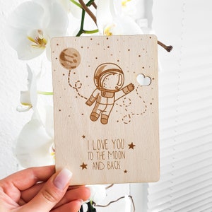 Wooden anniversary card - Personalized greeting card I Love You To The Moon And Back - Birthday gift idea for your boyfriend, girlfriend