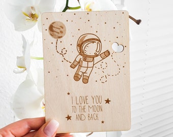 Wooden anniversary card - Personalized greeting card I Love You To The Moon And Back - Birthday gift idea for your boyfriend, girlfriend