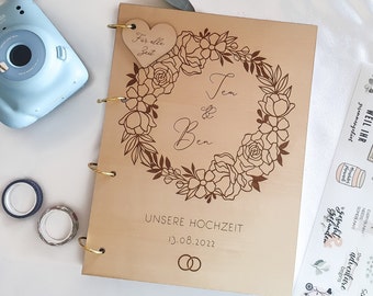 Personalisiertes Gästebuch Hochzeit Holz – Erinnerungsbuch Ringbuch mit Gravur