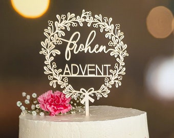 Happy Advent Cake Topper Christmas - Décoration de gâteau de Noël - Topper de gâteau en bois pour l'Avent comme décoration de gâteau et décoration de Noël pour gâteaux