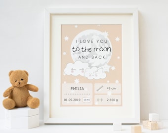 Pôster de nascimento "Olá Bebê" em tom de damasco para fazer você mesmo - modelo em PDF para imprimir - decoração de parede para o quarto do bebê ou presente para o recém-nascido com detalhes do nascimento