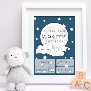 DIY Geburtsposter "Hello Baby" dunkelblau - PDF Vorlage zum Ausdrucken - Wanddekoration fürs Kinderzimmer / Babygeschenk mit Geburtsdaten