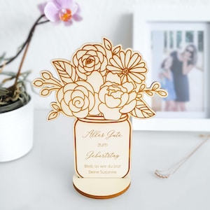Karte zum Geburtstag aus Holz  - Personalisierbare Geburtstagskarte zum Aufstellen mit Blumenstrauß - Geburtstagsgeschenk Grußkarte Blumen