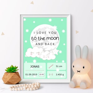 Póster de nacimiento DIY &quot;Hello Baby&quot; verde - Plantilla PDF para imprimir - decoración de pared para la habitación de los niños o regalo de bebé con fechas de nacimiento