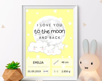 DIY Birth Poster "Hello Baby" Jaune - modèle PDF à imprimer - décoration murale pour la pépinière ou cadeau de bébé avec des dates de naissance