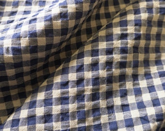 Yarn dyed Linen crinkled gingham - navy | PRICED PER METER