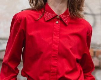 Classic Vintage Women's Red Blouse with Red Buttons and Embroidery