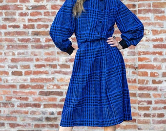 Vintage Wool Dress - Elegant Houndstooth Dress - Retro French Clothes