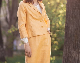 Elegant Vintage Yellow Linen Skirt Suit for Women - Retro Chic Outfit