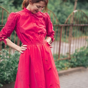 Vintage red cotton dress. Summer petite cottagecore dress. Shirt dress midi A line. Eyelet dress image 1