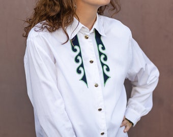 Vintage white cotton blouse Womens button up shirt long sleeve