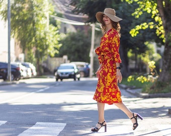 Vintage Red Silk Floral Dress with Jacket - Elegant Romantic Women's Clothing