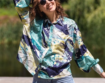 Vintage silk shirt. Womens patterned button up blouse. Funny summer shirt long sleeve
