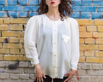 Vintage white blouse. Oversize womens shirt button up. Retro blouse puff sleeves, padded shoulders