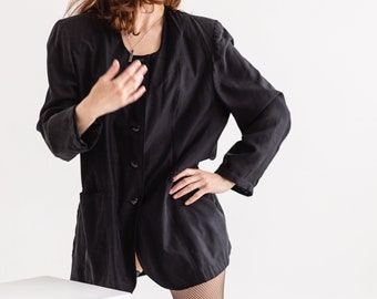 Vintage Black Silk Blazer Jacket for Women - Trendy Fashion Must-Have