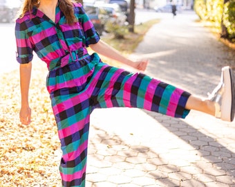 Vintage Colorful Womens Jumpsuit: Retro Colorful Striped Delight