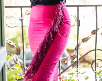 Vintage Silk Skirt - Fuchsia Pink Pencil Skirt with Natural Feathers – XS size