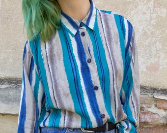 Vintage Blue Striped Blouse - Button Up Long Sleeve Women's Shirt