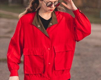 Vintage silk bomber jacket. Oversize unisex bomber jacket. Red bomber jacket women. 80s clothing, 90s grunge clothing