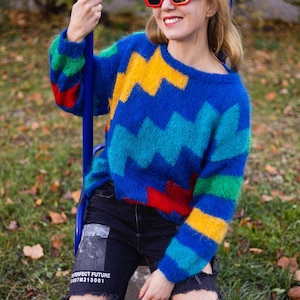 Bold Vintage Mohair Sweater — 80s Color Pop Zigzag Knit, Cozy & Unisex