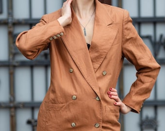 Blazer vintage in lino caramello – doppio petto, pura grinta