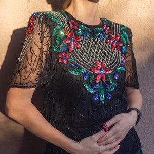 Vintage Black Silk Womens Blouse - Beaded Top with Floral Sequin Embroidery