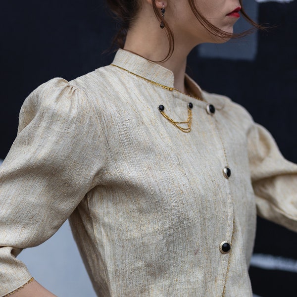 Vintage gold lurex blouse. Evening party blouse jacket. Asymmetry button up blouse women. Vintage clothing, cyberpunk jacket
