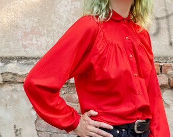 Vintage red blouse. Womens button up shirt long sleeve