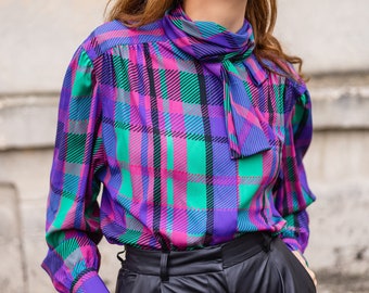 Vintage check colorful button up blouse with stylish tie bow