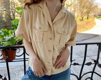 Vintage Beige Cotton Button Up Shirt - Womens Blouse - Classic Retro Style