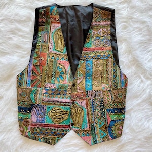 Vintage 80s Boho Vest – Colorful Geometric Embroidered Waistcoat, Festival Hippie Style, Artsy Patchwork Gilet