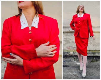 Classic Red Silk and Wool Skirt Suit - Timeless Elegant Two-Piece Set for Women, Plus Size