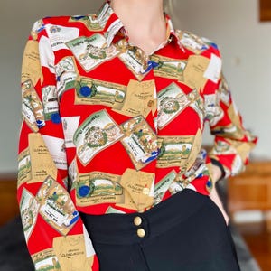 Vintage Button Up Shirt - Red womens blouse with Postcard Print & Gold Buttons