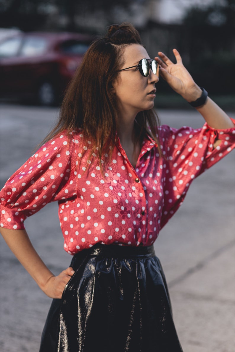 Vintage Feminine Vintage Pink Polka Pot Blouse Romantic Puff Sleeve Top image 10