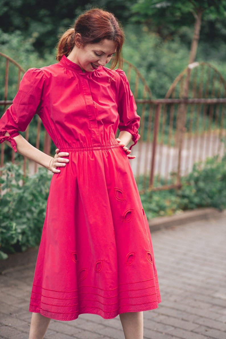 Vintage red cotton dress. Summer petite cottagecore dress. Shirt dress midi A line. Eyelet dress image 1