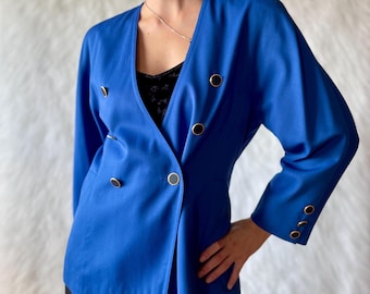 Blazer vintage blu elettrico in lana con occhielli metallici